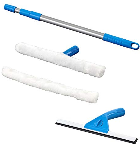 iTrend Window Glass Cleaning Kit – 55cm to 120cm Adjustable Pole – With Microfiber Washer, Rubber Squeegees – Extra Cleaning Pads - Blue