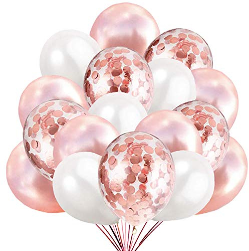 50 Rosegold Balloons Confetti Rose Gold, 40 Classic Latex + 10 Transparent Confetti Balloon. Decoration for Birthday, Baby shower and Graduation Party