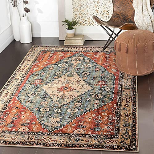 KIMODE Boho Teppich, 90 x 150cm Waschbar Kurzflor für Wohnzimmer, Schlafzimmer, Esszimmer - Weiche Rutschfest Kunstwolle Orientalisch für Küche - Rot