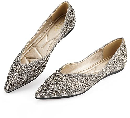 Rhinestone Ballet Flats - Women's Comfortable Dress Shoes with Memory Foam Insole - Silver, Size 8