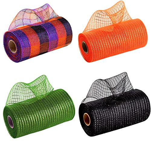 POPOYU 4 Rouleaux Maille Métallique Ruban Déco de Halloween,Poly Déco en Feuille Métallique pour l'artisanat Fabricat de Couronnes,Foil Decomesh Rouleau pour Création de Couronnes Guirlandes