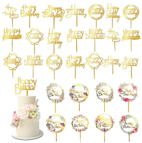 32 PCS Gold Happy Birthday Cake Toppers Flower Acrylic Birthday Cake Topper Cake Pick Decorations (Gold)