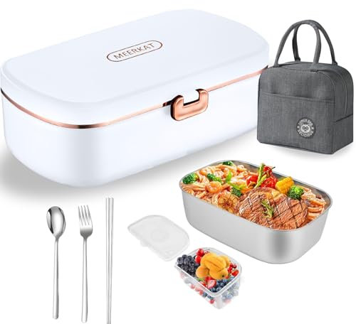 Scaldavivande Elettrico Portatile con Borsa Frigo e Posate,Porta Pranzo da Ufficio e Auto,Lunch Box Portavivande Termico Elettronico Portatile in Acciaio Inox (bianco)