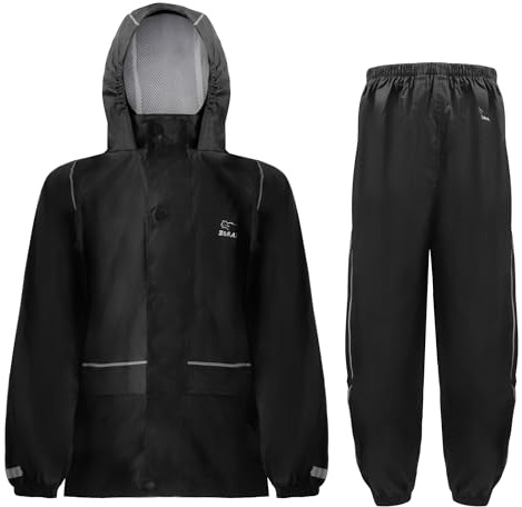 Zorax Traje de lluvia impermeable para niños y niñas, chaqueta y pantalones ligeros, unisex, resistente al viento, con capucha, bolsa de transporte, Negro, 13-14 Años