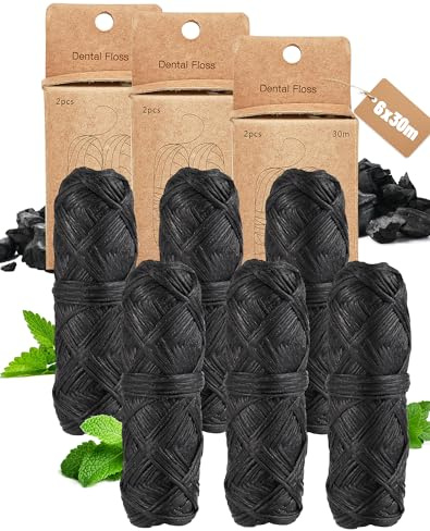 180m filo interdentale ecologico fili interdentale nero Menta senza plastica biologico cerato con candelilla bambù carbone attivo - 6x30m