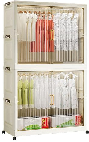 BSKJMMP Armario portátil con puertas de visualización, armario de almacenamiento con ruedas rodantes, plegable, color blanco, ideal para colgar faldas largas, vestidos, trajes (75 cm [2 armarios])