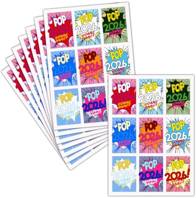 MERCI-FACTEUR.COM Carte de Voeux 2026 pop art - 8 Cartes Postales (3 Formats Dispos) - Carte Pop Art Coloré Pour La Nouvelle Année 2026