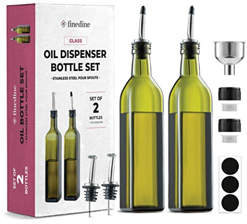 Superior Glass Oil Bottle Drizzler - Set Of 2 - 500ml Olive Oil Dispenser Bottle for Kitchen - Refill Funnel, Pouring Spouts & Labels - Lead-Free Glass Oil and Vinegar bottle, BPA-Free Cruet Set