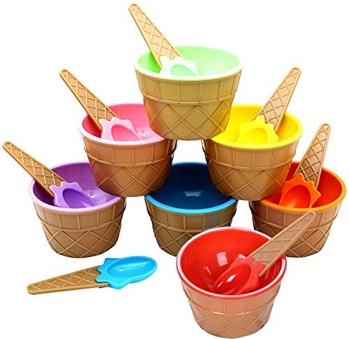 Ianulus Wiederverwendbare Eisschale, 7 Stücke Kinder Schöne Eisschalen, Bunte Eisschale mit Löffel, für Geschenke für Kinder, Paartassen, Essen, Obst, Kinderparty (Plastik)