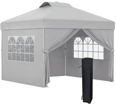 Outsunny Klappbare Gartenlaube Pop-up Partyzelt 3 x 3 höhenverstellbar mit Seitenwänden, Belüftungsöffnungen, Fenstern und Rolltasche Oxford-Gewebe 300D - hellgrau