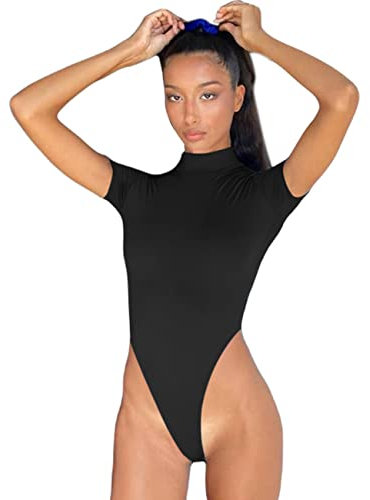RPAEOY Damen Sexy Jumpsuit Rundhals Body Tops Schwarz Slim Oberteil Overall Backless T-shirt Kurzarm Seamless Bodysuit Romper Outfit Stringbody L