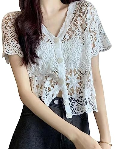 QRONCES Cardigan pour femme avec dentelle crochetée creuse ouvert à l'avant sexy col en V à manches courtes T-shirt cardigan été Crop Top Outwear Dentelle Crochet Cardigan Femme Léger Été Court 3/4