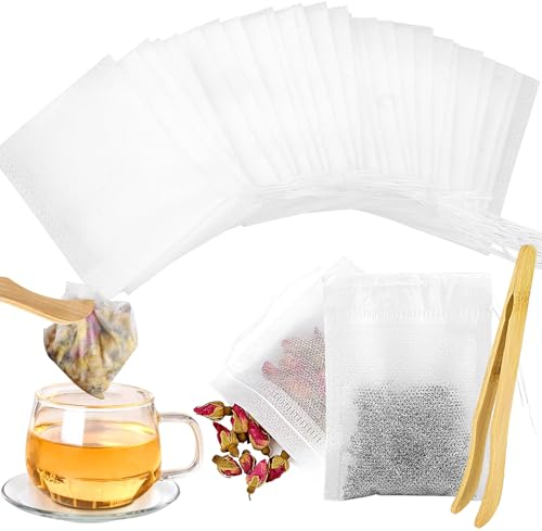Tufa 200 Pcs Filtre à Thé Papier Jetable(7x9cm), Sachets à Thé Jetables avec Cordon de Serrage, Sachet Thé à Remplir Jetable pour Thé, Épices, Vanille, Café, Poche Thé avec Pince à Thé