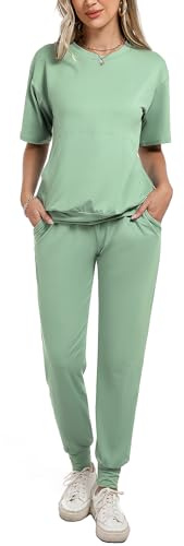 Irevial Sportivo Donna Completo, Completi Sportivi Donna Due Pezzi, Tuta Donna Sportiva Estiva, Maniche Corte & Pantaloni Casual, Tuta Donna Ginnastica per Jogging, Casa,Verde Chiaro, L