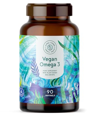 Omega 3 Vegan | Hochdosiert aus Algenöl | 1500mg pro Tagesdosis mit EPA 225mg und DHA 450mg | 90 vegane Softgel-Kapseln | leicht zu schlucken | für Veganer geeignet, nachhaltig | Alpha Foods