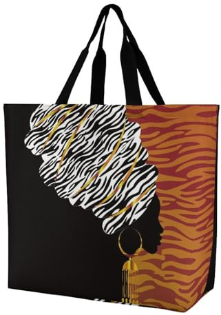 DispRa Sacs d'épicerie réutilisables, sacs de courses pliables avec poignées, sac fourre-tout robuste pour les courses, femme africaine en turban traditionnel imprimé, Femme africaine en turban