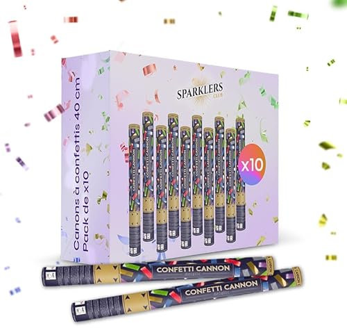 SPARKLERS CLUB Lot de 10 Canons à Confettis Rectangle Multicouleur 40 cm - Lot de 4 lanceurs à confettis à tenir en main, pour Anniversaire, Mariage - Portée 10 Mètres, Prise en Main Facile