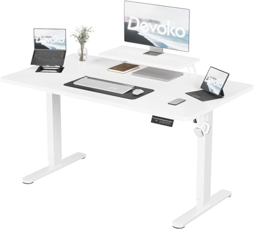Devoko 160 x 70 cm Scrivania Regolabile in Altezza con Supporto per Monitor, Regolabile con 2 Altezze di Memoria, Per Camera da Letto, Studio, Ufficio, Bianca