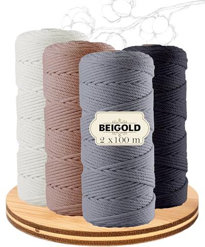 BEIGOLD® Premium makramégarn (3 mm x 100 m) – set om 4 jord (vit, brun, grå, svart)