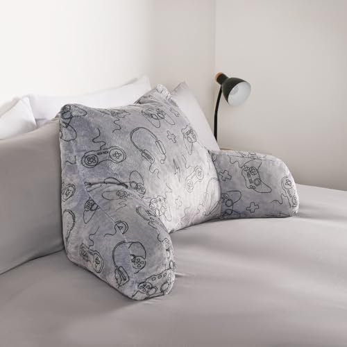 OHS Cuddle Cushion for Adults, Reading Pillow for Bed Adult Kids Super Soft Cosy Fleece Gaming Print Support Pillow with Arms Back Support Cushion Relaxing Comfy, Grey