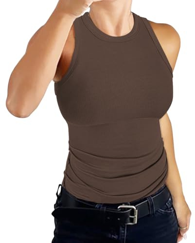 DUOEASE Canotta Donna Estiva 2025 Girocollo Basic Top Senza Maniche Canottiera Slim Fit-Marrone-XS