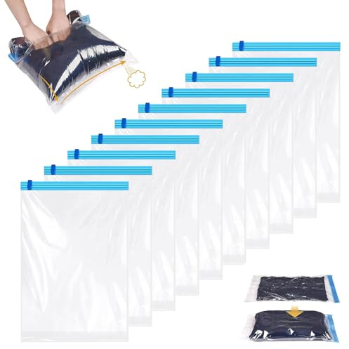Sacchetti sottovuoto da viaggio – 10 sacchetti a compressione arrotolabili a mano, 40 x 60 cm, durevoli e riutilizzabili, salvaspazio, nessuna pompa richiesta, ideali per vestiti, coperte e