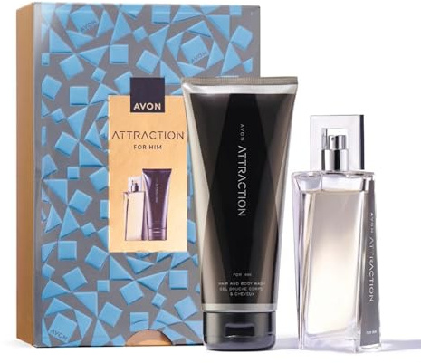 AVON Attraction Original For Him Gift Set, with Attraction Eau de Toilette 75ml & Hair and Body Wash 200ml, in a Gift Box, Woody, Amber & Musk Scent, Long-Lasting Formula, Cruelty-Free