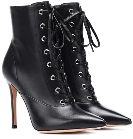 Botines de Tacón Alto con Cordones y Punta Puntiaguda para Mujer, Botines Cortos de Tacón de Aguja con Cremallera Lateral Botas de Tacón Sexys para Boda o Fiesta,Negro,46 EU