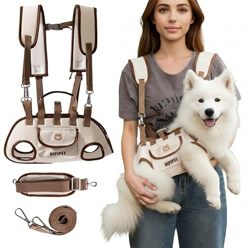 A1DIEE Dog Sling Backpack Carriers - Adjustable Pet Lift Harness Gear, Breathable Dogs Carrying Lifting with Traction Leash Shoulder Straps and Treat Bag for Walking Hiking Travel (XL, 18-23lbs)