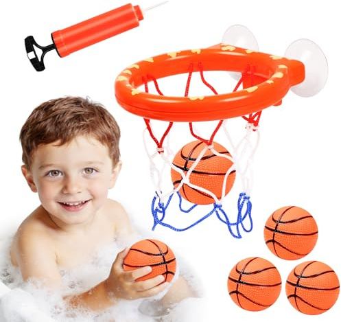 Vicloon Bath Basketball Hoop for Baby, Bath Toy Fun Basketball Hoop & Ball Set 5 Inflatable Soft Balls and Inflator Included, Mini Bathtub Basketballs Hoops for Baby with Strong Suction Cup