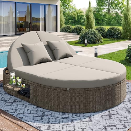 VIEKOS Lettino doppio in rattan, per 2 persone, per esterni con ripiano laterale, lettino da giardino, lettino da sole, tavolo pieghevole, lettino relax, angolo regolabile individualmente.