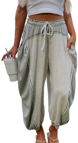 Talakeno Womens Harem Pants Balloon Wide Leg High Waist Drawstring Elastic Pants Casual Baggy Trousers with Pockets(Grey,M)
