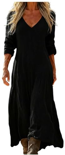 Mfhmom Vestito Lungo Donna Estivo Lino Cotone Manica 3/4 Scollo a V Stile Boho Hippie Vintage Abito Maxi Etnico Geometrico Caftano da Spiaggia Mare Casual Largo Taglie Forti Comodo Vacanza