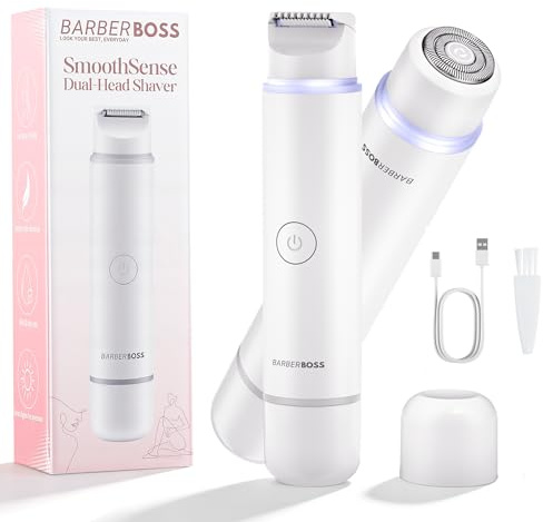 BarberBoss Rasoio da donna 2 in 1, kit per la rimozione dei peli del viso e del bikini, con luce di precisione, set da viaggio ricaricabile (Bianco)
