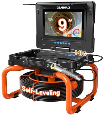 Telecamera Ispezione Tubazioni con Schermo IPS 9'', Camera Fognature Autolivellante con Contatore Distanza, HD 1080P Endoscopio per Tubi con Registrazione Video e Audio, 32 GB (9''-23MM/65FT)