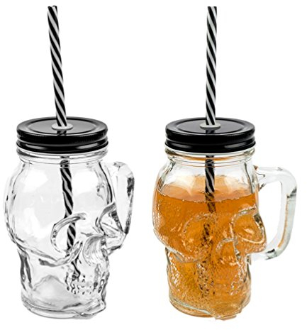 Juego de 2 vasos de cristal con tapa y pajita estable, 450 ml, diseño de calavera