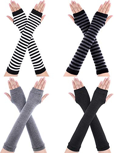 Bememo 4 Pairs Punk Gothic Long Fingerless Gloves Knitted Arm Warmer Elbow Length Thumb Hole Gloves(Dark Grey, Light Grey, Striped Color)