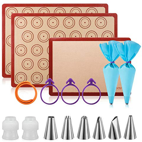 Macaron silicone baking mats - Macaroon Baking suppliers 1 Quarter Sheet + 2 Half Sheet Macaron Baking Mat,Macaron Baking Sheet,2 Piping Pastry Bag with Bag Tie,6 Piping Tips