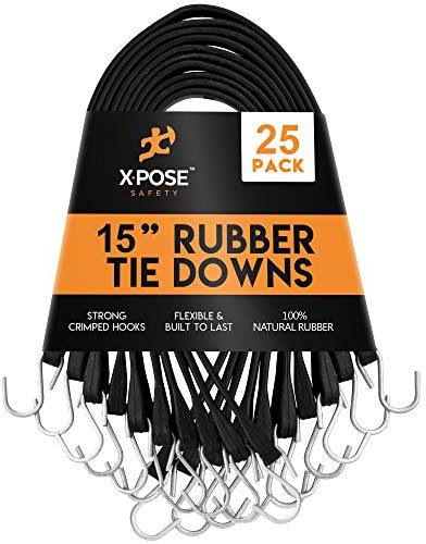 Rubber Bungee Cords with Hooks 25 Pack 15 Inch (23” Max Stretch) Heavy-Duty Black Tie Down Straps for Outdoor, Tarp Covers, Canvas Canopies, Motorcycle, and Cargo - by Xpose Safety