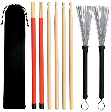 Gobesty Drumsticks Set, 2 Paar Klassische Hochwertige Ahorn-Drum-Stick-Sets mitEinziehbarerDrahttrommelbürsteundBundle-Drum-Stick-Dowel-Drumsticks Plus Wasserdichte Tasche