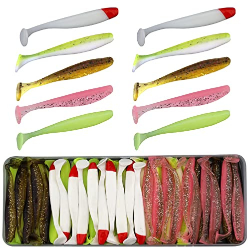 Funzhan 50Pcs Fishing Soft Lures for Bass Artificial Plastic Baits Paddle Tail Swimbaits Proven Colors Trout Saltwater Crappie Pike Walleye Redfish Portable Box