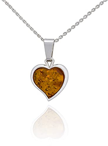 AMBEDORA Damen Halskette mit Bernstein, Poliertes Sterling Silber, Baltischer Bernstein in Cognac Farbe, Silber Anhänger Bernstein Herz Größe S mit Kette