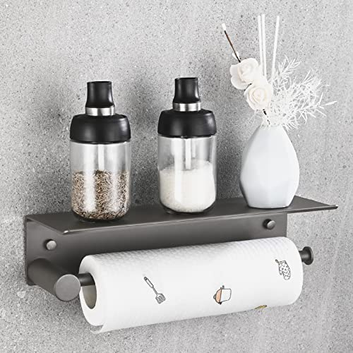 HANFU Portarrollos Cocina de Pared, Porta Rollos de Papel Cocina Adhesivo Sin Taladrar Soporte Papel Cocina, Aluminio Portarollos Cocina con Estante para Estanteria de Especias 34cm/13.4in, Gris