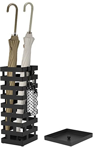 Tudomro Umbrella Stands for Entryway Large Metal Umbrella Holder 6.3 x 5.5 x 16.5 Inches with Removable Water Tray and Hooks Decor Freestanding Rectangular Hollow Rack for Home Office(Black)