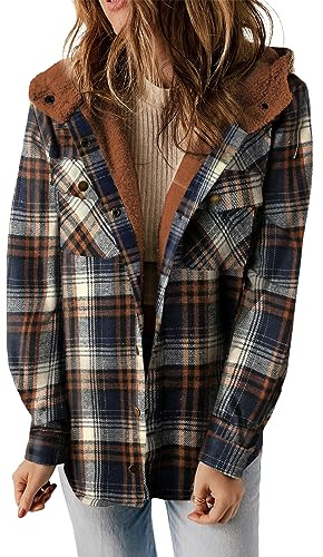 Dokotoo Winter Clothing for Women Hooded Shacket Jacket Fashion Plaid Flannel Shirts Fleece Lined Long Sleeve Button Up Jackets Sherpa Fuzzy Thick Coats Vintage 2025 Fall Oversized Coat Outwear Blue M