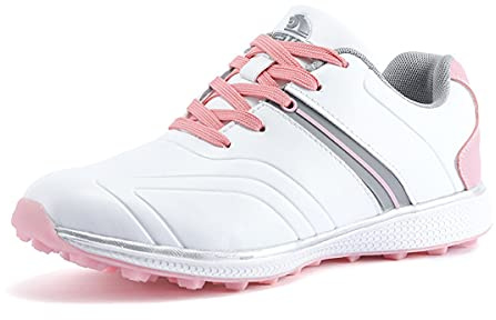 DAMANDO Dames Golf Chaussures Étanche Spikeless Golf Sport Chaussure Casual en Cuir Golf Sneaker pour Femmes,Rose,40 EU