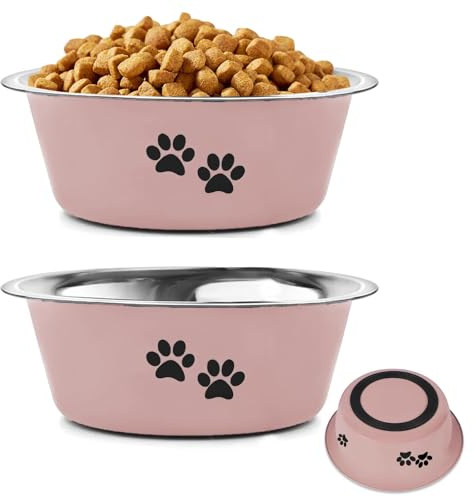 YUDANSI 860ml Pink Dog Bowls 2 Pack Small Medium Dogs Feeding Bowls Food Water Bowls with Non-Slip Silicone Sole, Stainless Steel Dog Dishes Elevated Raised Pet Feeder