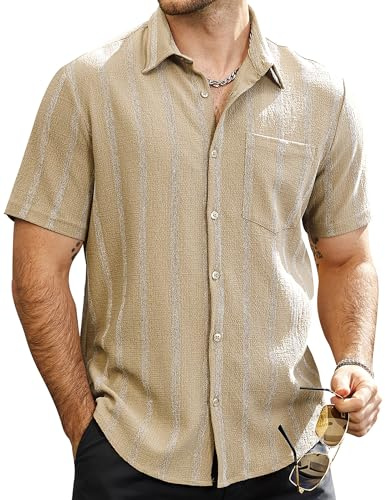 VATPAVE Mens Button Down Short Sleeve Shirt Summer Beach Shirts L Khaki