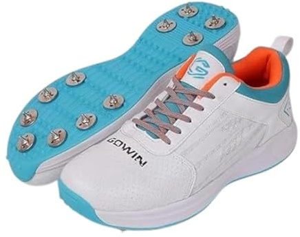 KNK Gowin Tyro Metal Spike Cricket Shoe for Outdoor and Field Sports with All Round Performance (White/Island Blue, US Footwear Size System, Adult, Men, Numeric, Medium, 9)