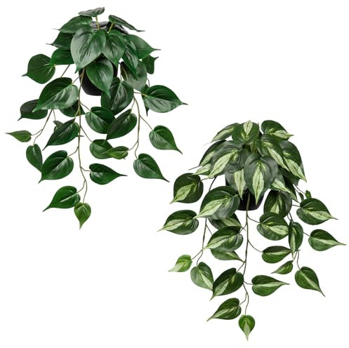 Oairse Set of 2 Artificial Plants in Pots Fake Trailing Plants String of Plants Decorative Fake Potted Plants Faux Devil's Ivy Golden Pothos for Indoor Outdoor Home Office Bathroom Kitchen Table Decor